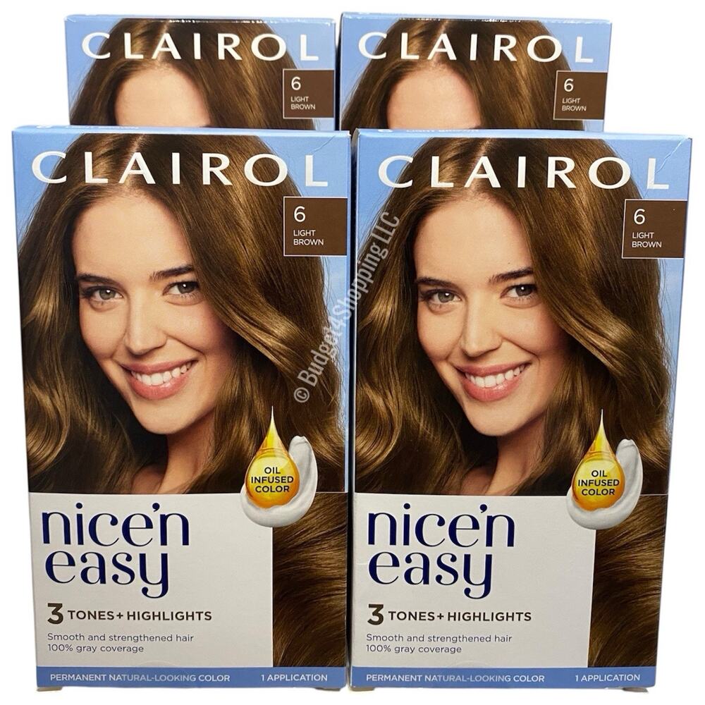 Clairol Nice'n Easy Permanent Hair Dye 6 Light Brown Hair Color, Pack of 4